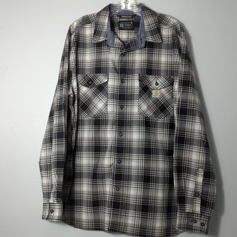 Carhatt Men's Size XL Rugged Flex Relaxed Fit Long-Sleeve Black Plaid Shirt 524